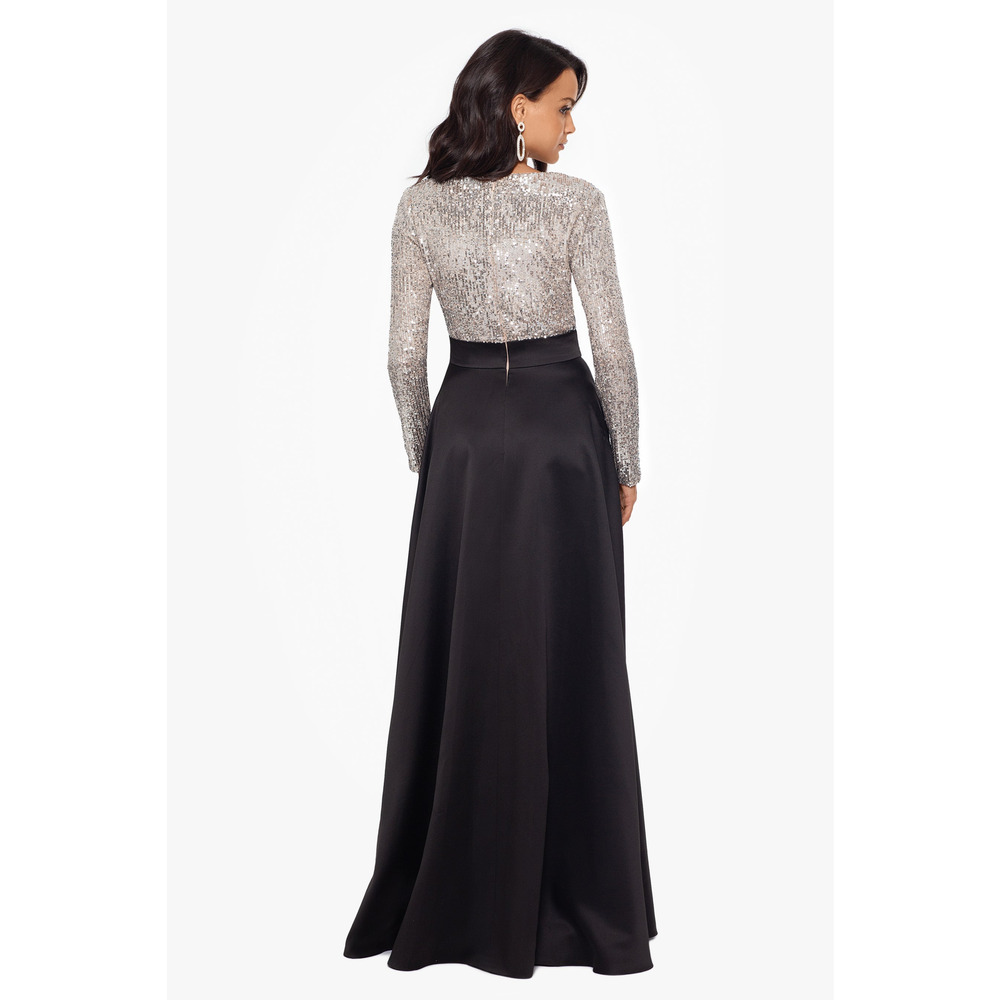Xscape "Dixie" V-Neck Long Sleeve Sequin Top Waistband with Bow Gown Black 10 - Picture 2 of 3